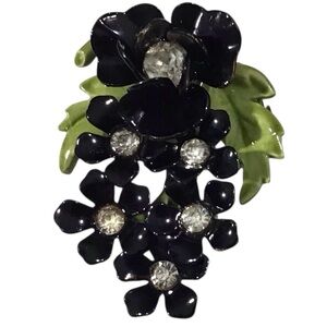 Coro Floral Brooch Black Enamel Flowers Green Leaves Clear Gem Stones Vintage